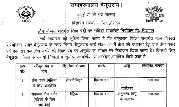 Begusarai District Anganwadi Crech Recruitment 2024 Online