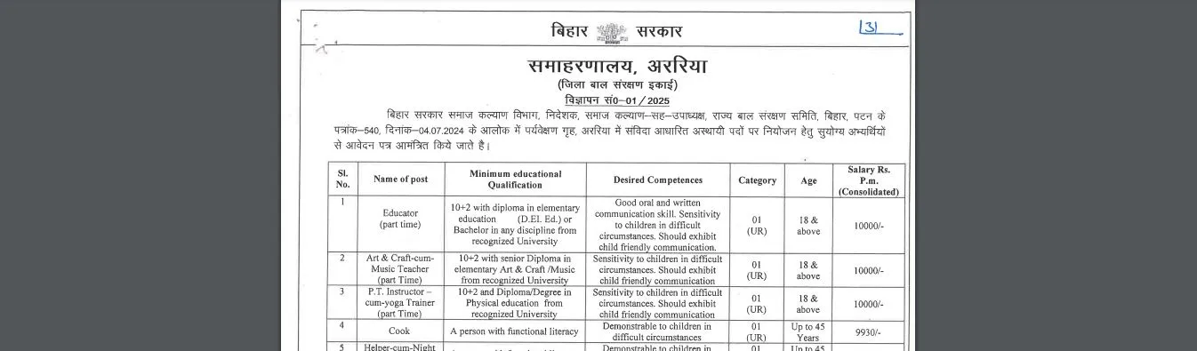 Araria Observation Home Vacancy 2025 Online Apply