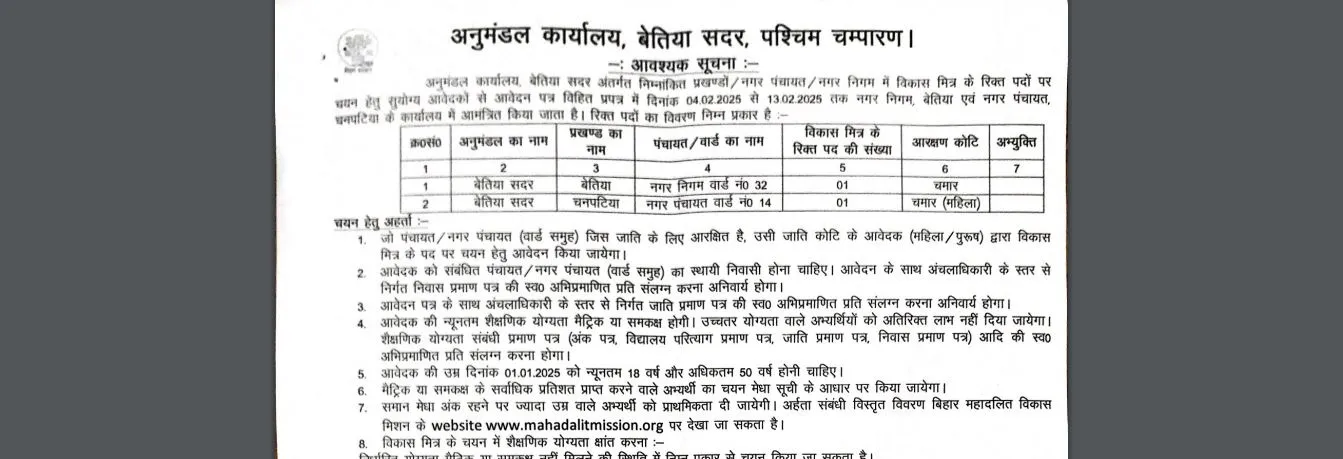 West Champaran Vikas Mitra Vacancy 2025 Online Apply Best