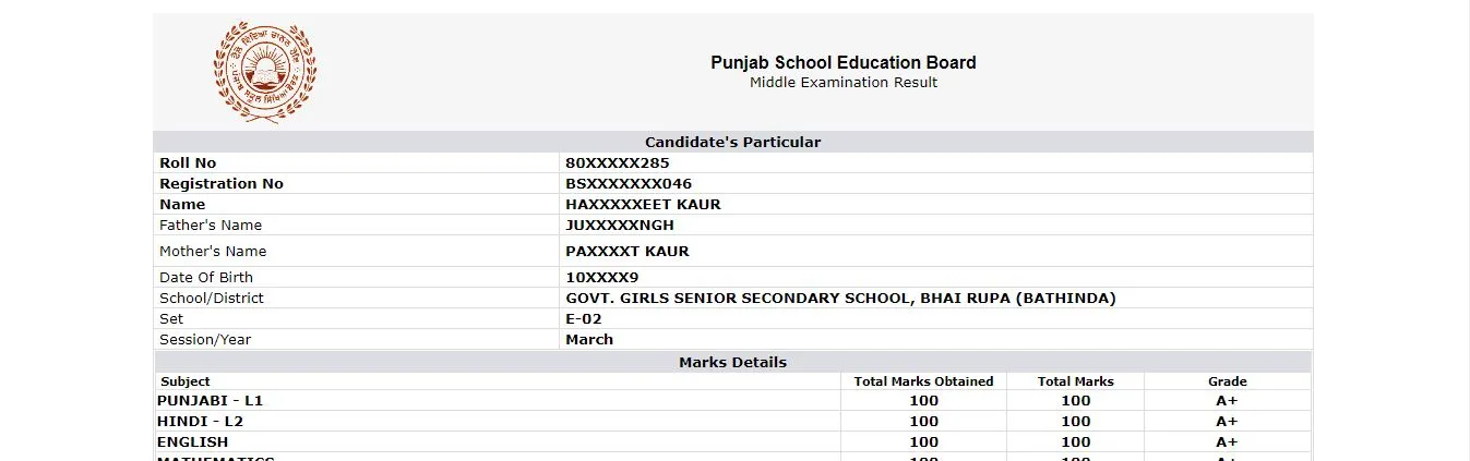 PSEB 8th Class Result 2025 Check Online Marksheet and Marit List Pdf